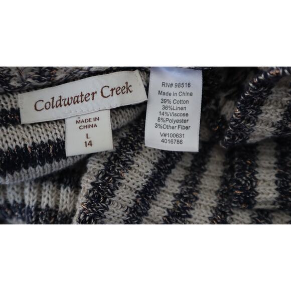 Coldwater Creek Navy Blue Striped Long Cardigan COTTON LINEN Open Front Large - Picture 6 of 7